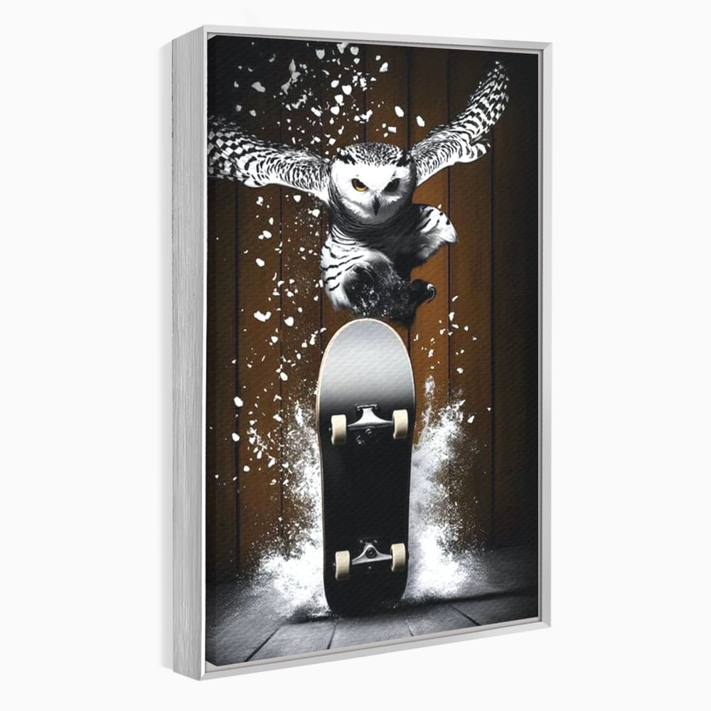 Tablou canvas cu tablou canvas cu bufnita pe skateboard, in rama de aluminiu argintiu